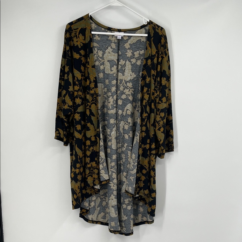 LuLaRoe Black Green and Gold Floral Print Open Cardigan Size Large